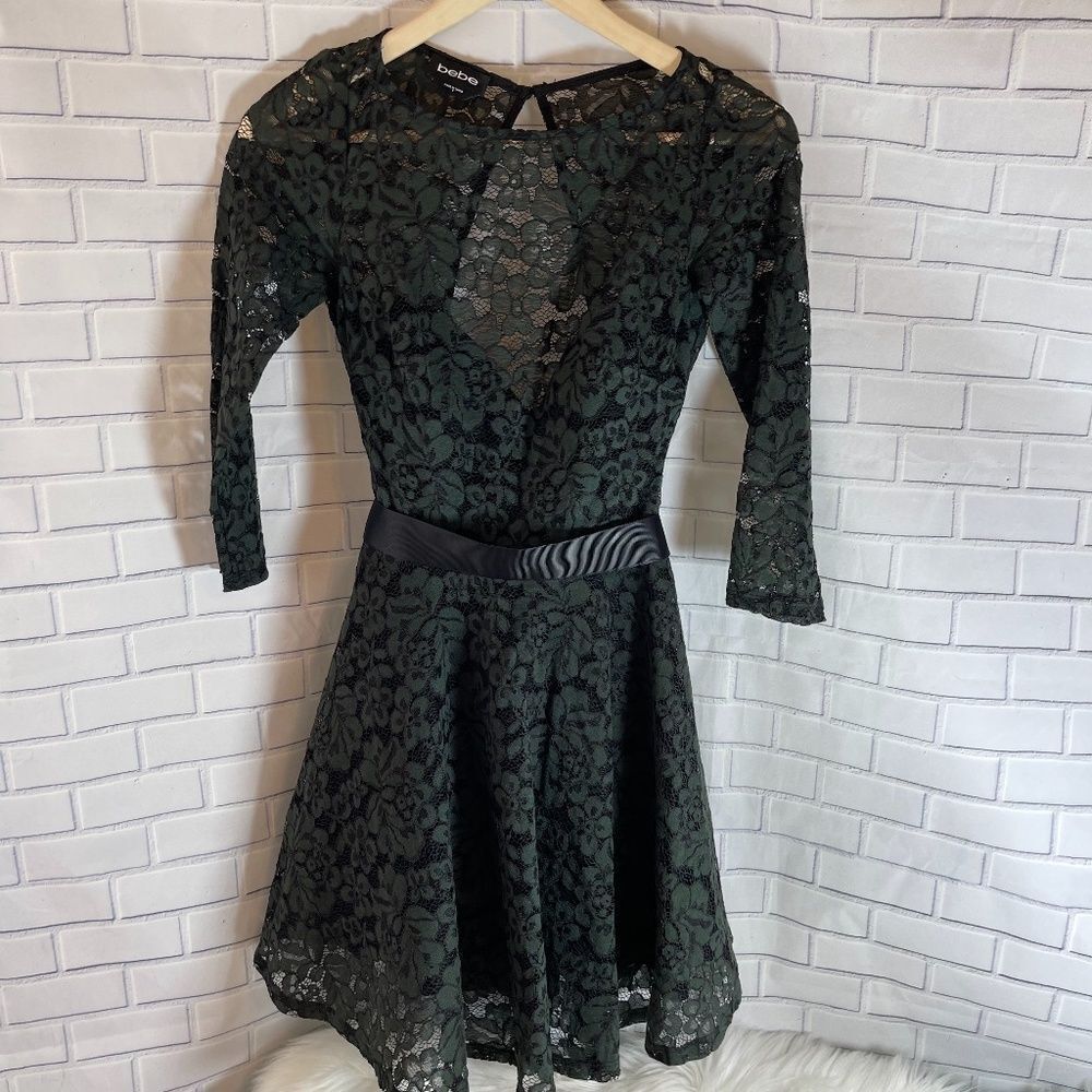 Bebe Black/Deep Green Lace Overlay Mini Dress‎ Sz 0